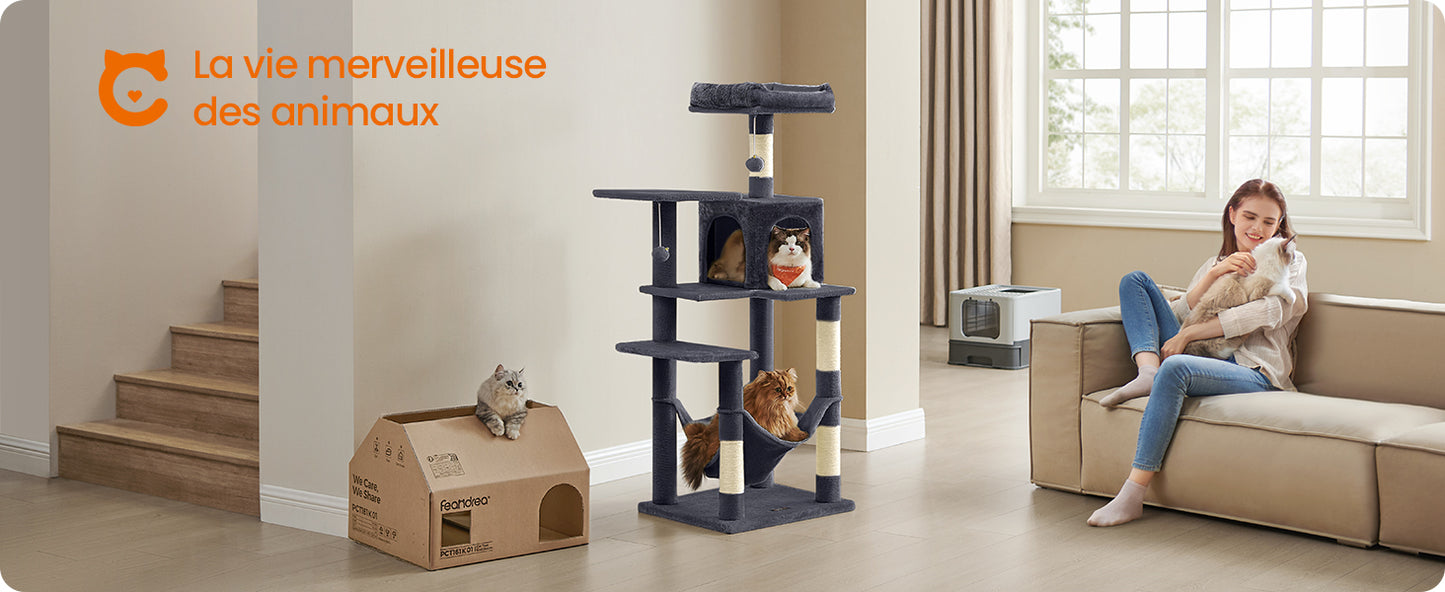 🇫🇷 Arbre à chat Feandrea 143 cm – Tour d’intérieur multi-niveaux avec 4 poteaux à griffer, 2 plateformes et niche en peluche 🇬🇧 Feandrea Cat Tree 143 cm – Multi-Level Indoor Cat Tower with 4 Scratching Posts, 2 Perches & Plush Condo Cave