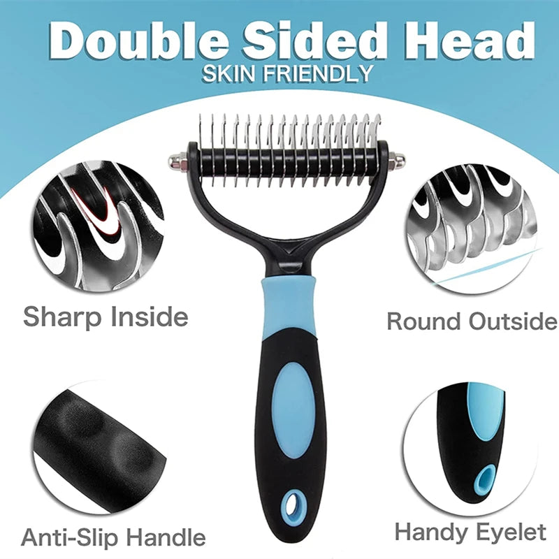 🇫🇷 Brosse pro anti-mue 2 faces pour chiens, chats et chiots – Démêlage, sous-poil et poils morts. 🇬🇧 Pro 2-sided deshedding brush for dogs, cats & puppies – Dematting, undercoat & loose hair.