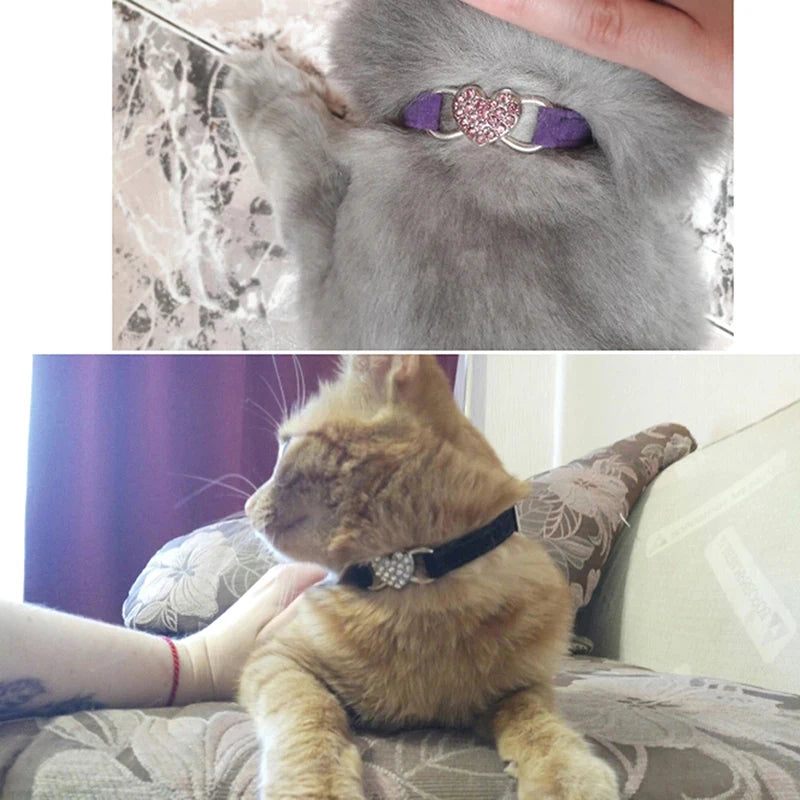 🇫🇷 Collier pour chat en velours avec cœur & grelot – Élastique, réglable et sécurisé, 8 couleurs, convient aussi aux petits chiens 🇬🇧 Velvet Cat Collar with Heart & Bell – Safety elastic, adjustable, 8 colors, also fits small dogs