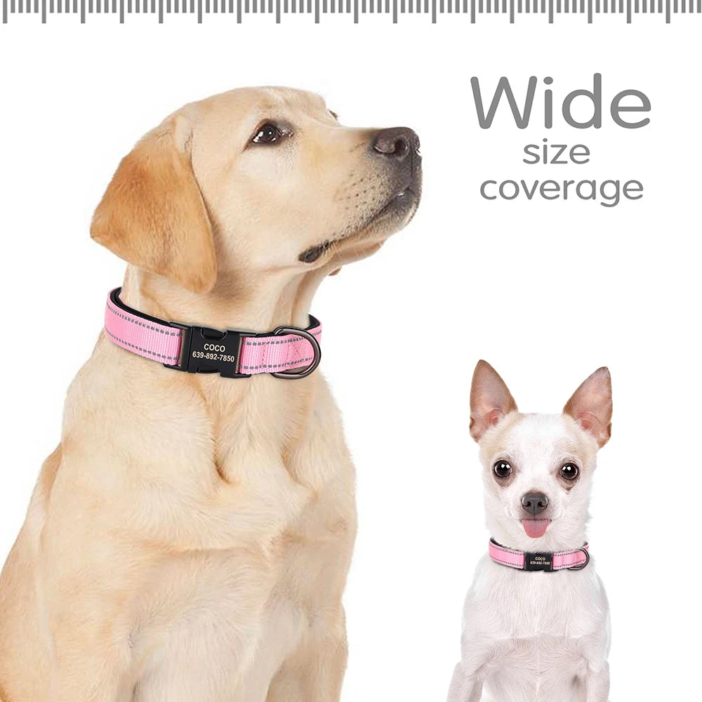🇫🇷 Collier pour chien réfléchissant et personnalisé – Nylon gravé avec ID, rembourré et réglable pour petits, moyens et grands chiens 🇬🇧 Reflective Personalized Dog Collar – Engraved ID Nylon, Soft Padded & Adjustable for Small, Medium & Large Dogs