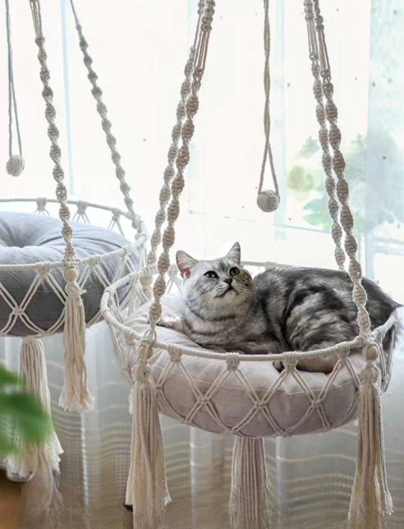 🇫🇷 Hamac suspendu pour chat en corde de coton tressée – Nid douillet bohème à accrocher 🇬🇧 Handwoven Cotton Rope Cat Hammock – Boho Hanging Cozy Nest for Cats