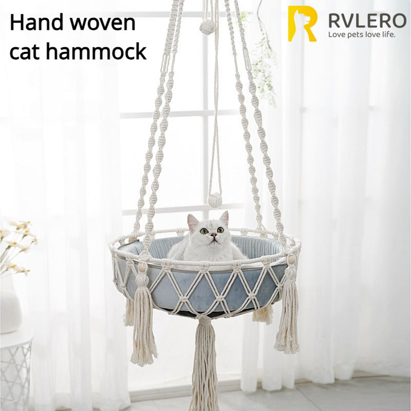 🇫🇷 Hamac suspendu pour chat en corde de coton tressée – Nid douillet bohème à accrocher 🇬🇧 Handwoven Cotton Rope Cat Hammock – Boho Hanging Cozy Nest for Cats