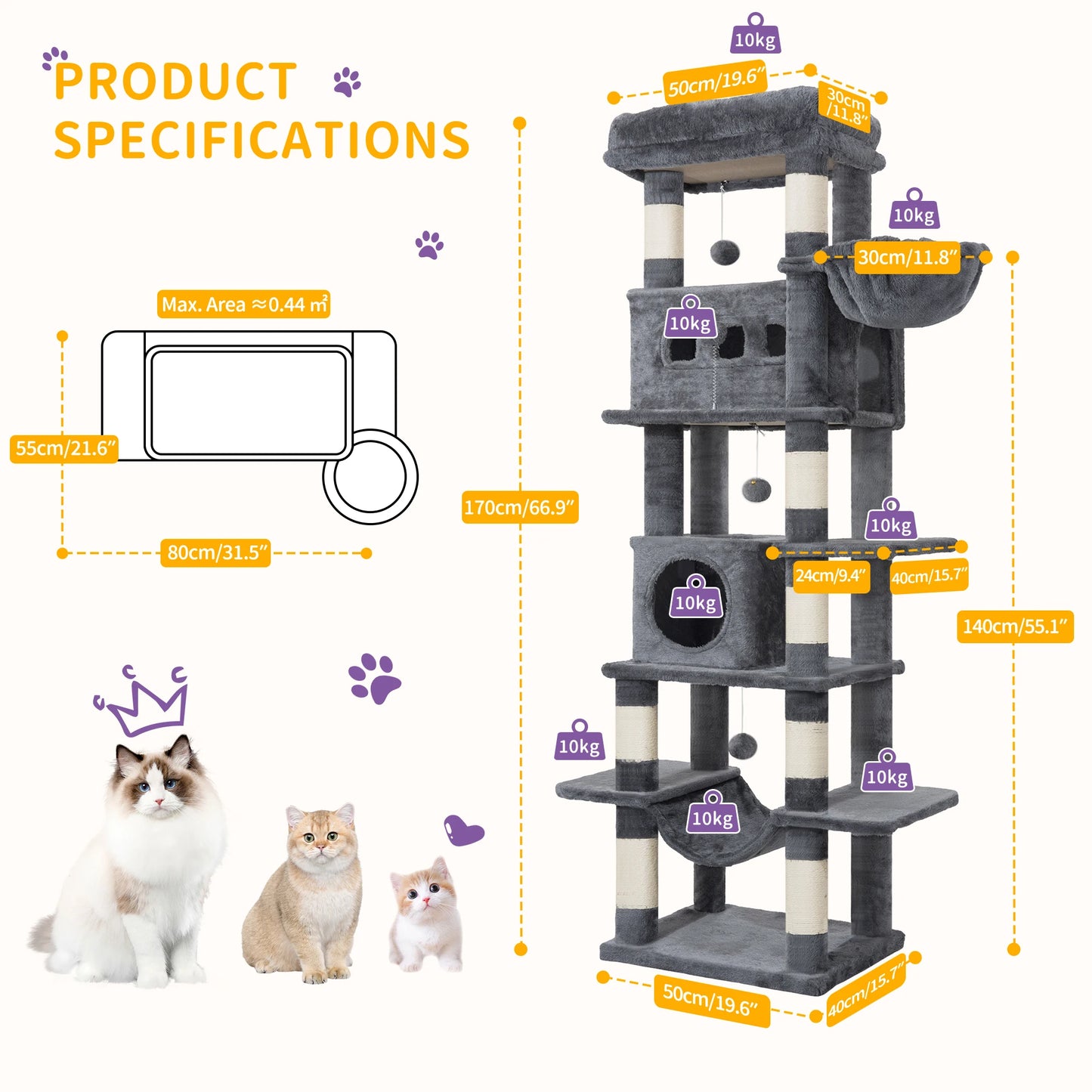 🇫🇷 Hzuaneri – Arbre à chat 170 cm : tour multi-niveaux avec griffoirs, grande plateforme & tapis lavable. 🇬🇧 Hzuaneri – 170 cm Cat Tree: multi-level scratching post with big perch & washable mat.