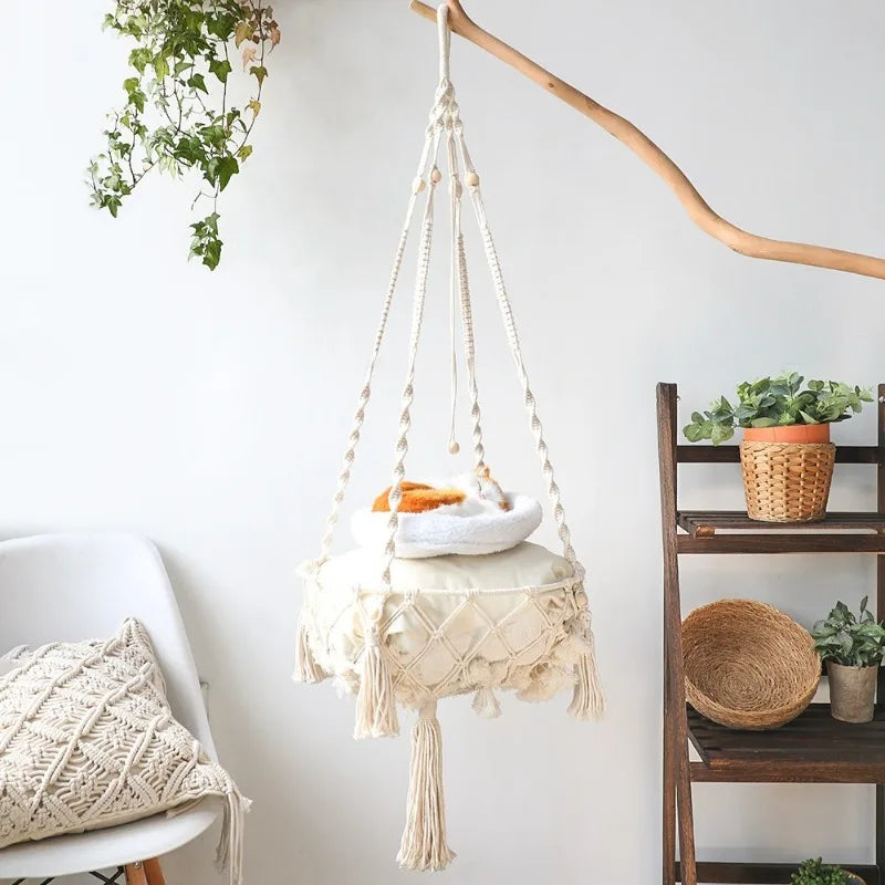 🇫🇷 Hamac suspendu pour chat en corde de coton tressée – Nid douillet bohème à accrocher 🇬🇧 Handwoven Cotton Rope Cat Hammock – Boho Hanging Cozy Nest for Cats