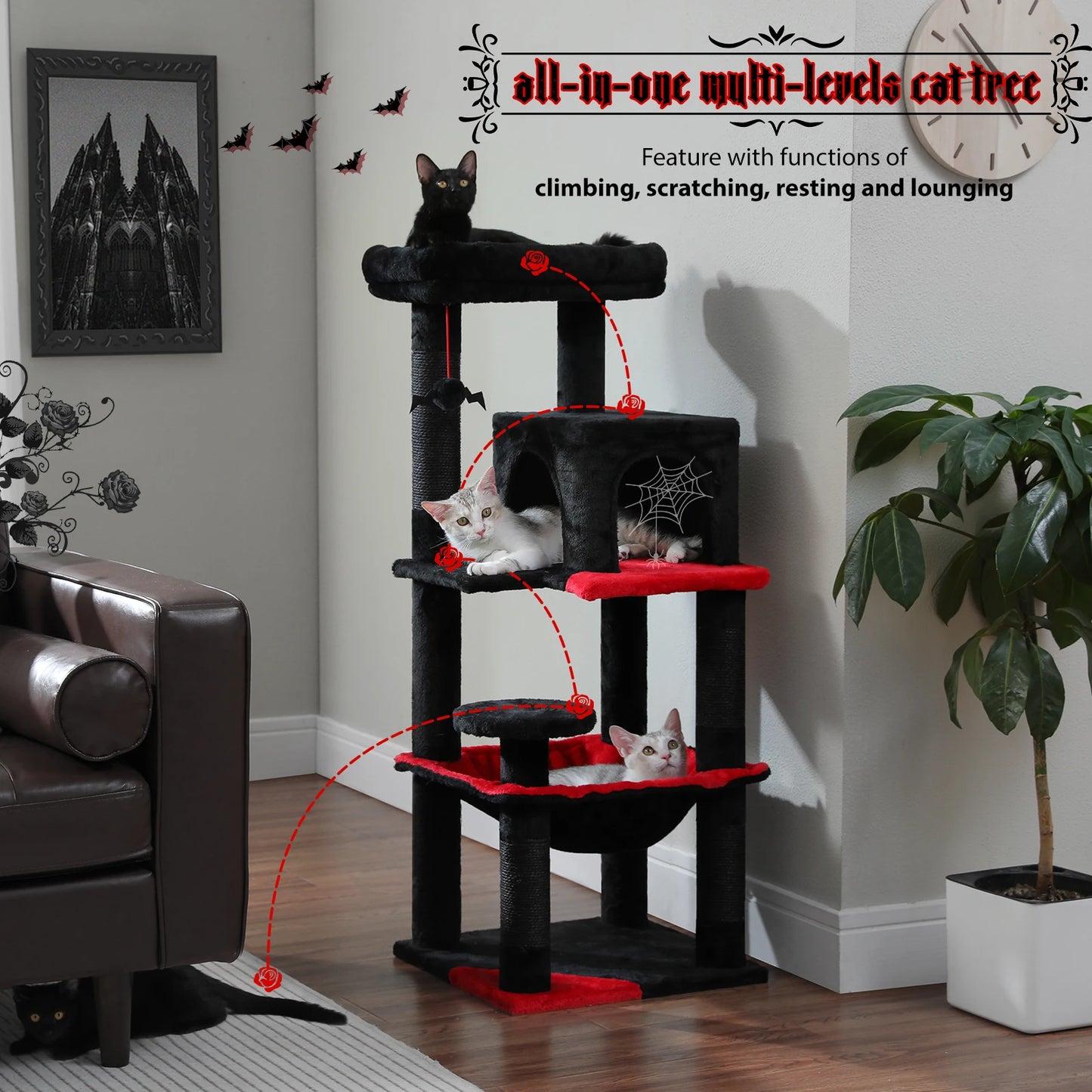 🇫🇷 Arbre à chat gothique – Tour d’intérieur avec grand hamac, condo douillet, perchoir et poteaux à griffer en sisal 🇬🇧 Gothic Cat Tree – Indoor cat tower with large hammock, cozy condo, sisal scratching posts & top perch