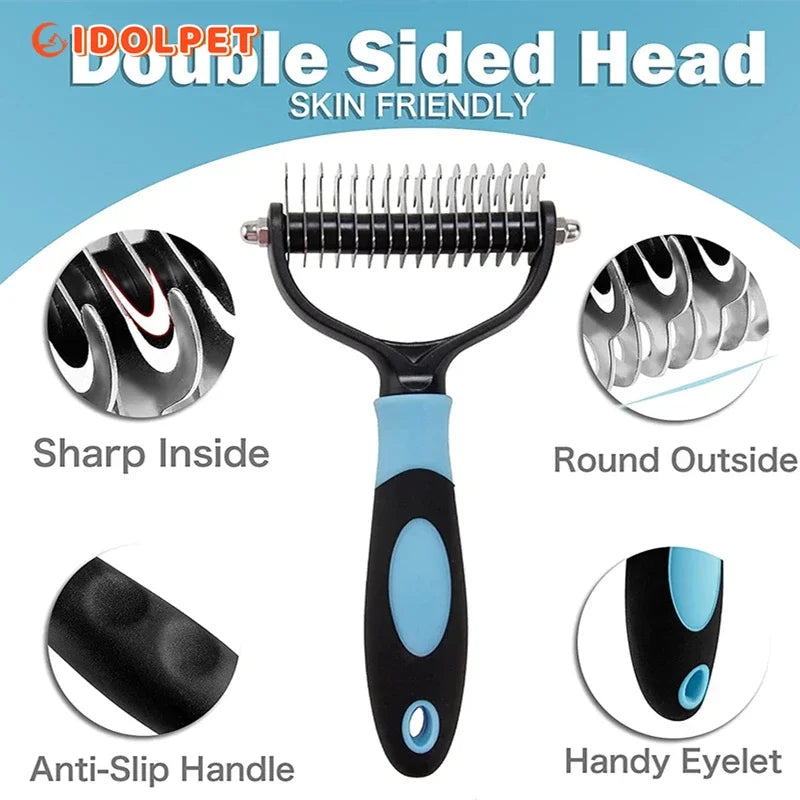 🇫🇷 Brosse pro anti-mue 2 faces pour chiens, chats et chiots – Démêlage, sous-poil et poils morts. 🇬🇧 Pro 2-sided deshedding brush for dogs, cats & puppies – Dematting, undercoat & loose hair.