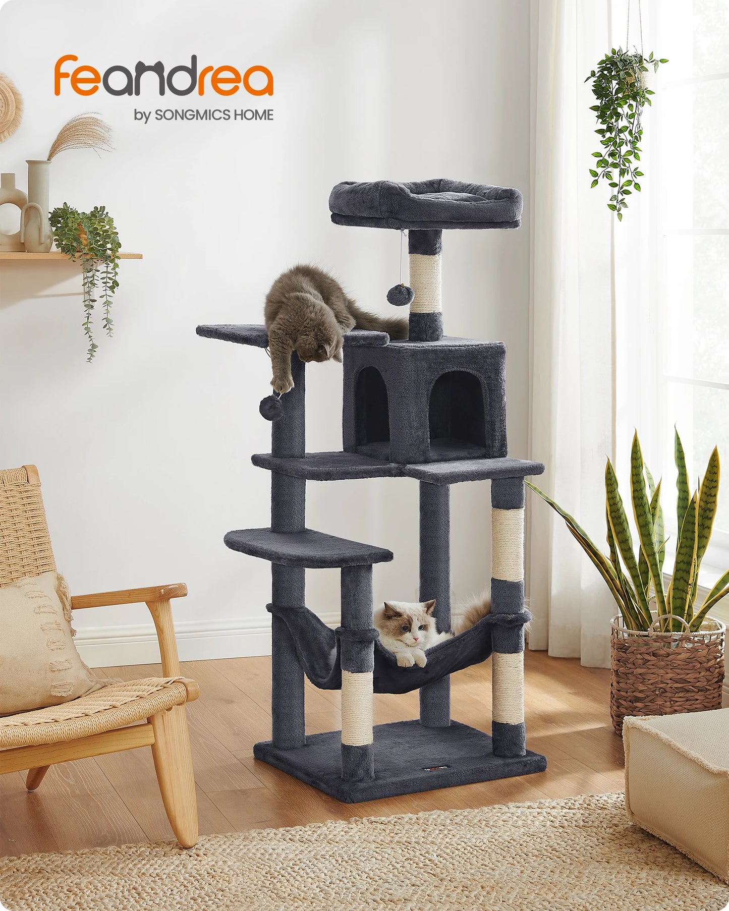 🇫🇷 Arbre à chat Feandrea 143 cm – Tour d’intérieur multi-niveaux avec 4 poteaux à griffer, 2 plateformes et niche en peluche 🇬🇧 Feandrea Cat Tree 143 cm – Multi-Level Indoor Cat Tower with 4 Scratching Posts, 2 Perches & Plush Condo Cave