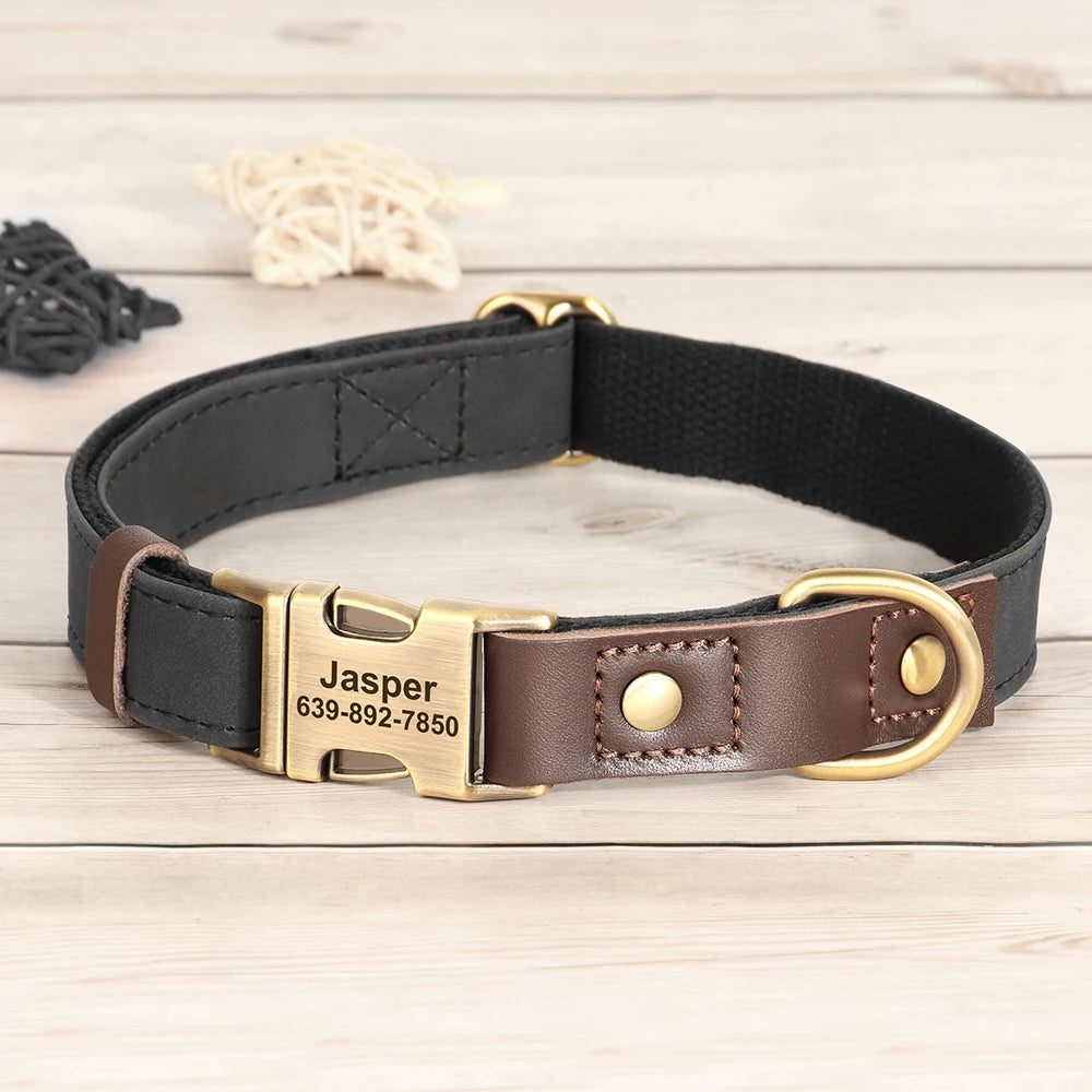 🇫🇷 Collier & laisse personnalisés en cuir PU, médaille gravée offerte. Pour petits & grands chiens (ex : carlin, labrador). 🇬🇧 PU leather custom collar & leash with free engraved tag. For small & large dogs (e.g. pug, labrador).
