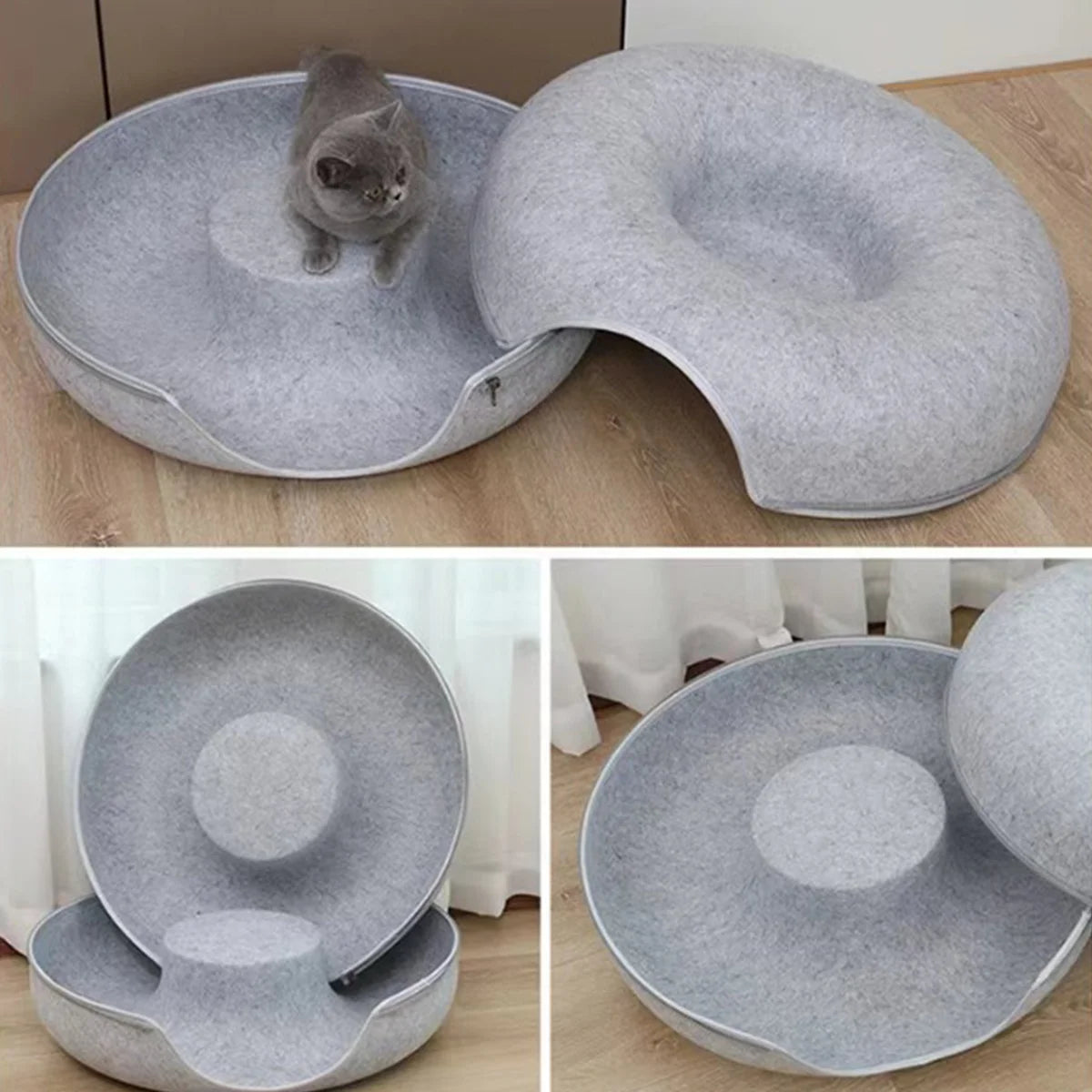 🇫🇷 Lit beignet en feutre pour chat – Maison 2-en-1 avec trou d’aération et tunnel pour jouer et se cacher 🇬🇧 Felt Donut Cat Bed – 2-in-1 House with Breather Hole and Tunnel for Hide & Play
