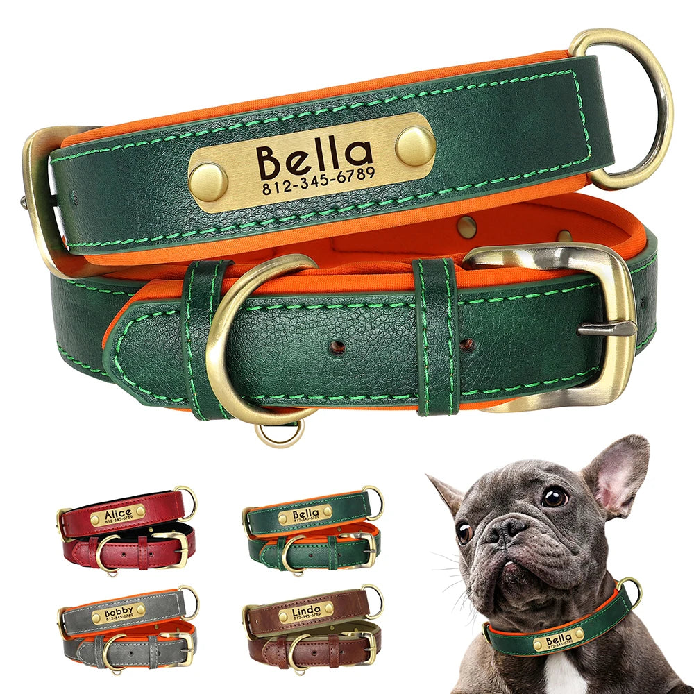 🇫🇷 Collier pour chien en cuir PU personnalisé – Doublure rembourrée, gravure gratuite du nom, réglable pour petits, moyens et grands chiens 🇬🇧 Customized PU Leather Dog Collar – Soft padded, free name engraving, adjustable for small, medium & large dogs