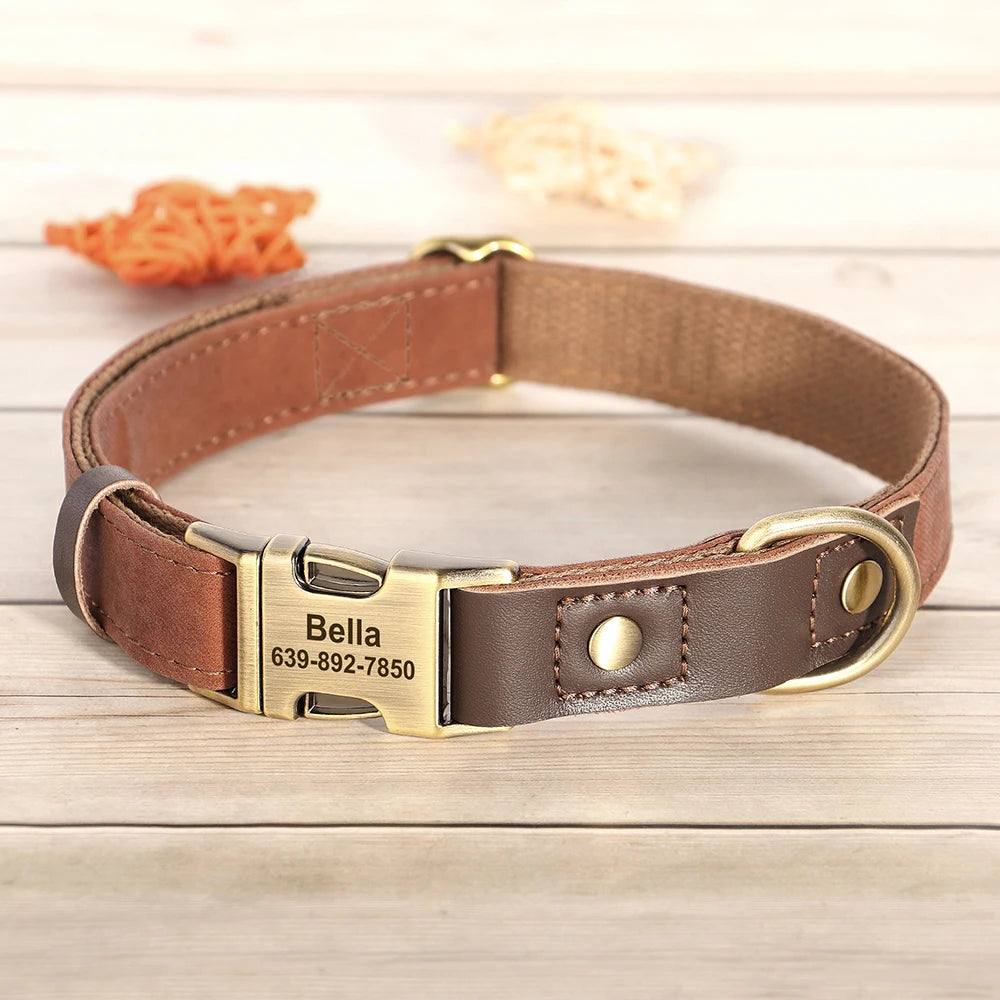 🇫🇷 Collier & laisse personnalisés en cuir PU, médaille gravée offerte. Pour petits & grands chiens (ex : carlin, labrador). 🇬🇧 PU leather custom collar & leash with free engraved tag. For small & large dogs (e.g. pug, labrador).
