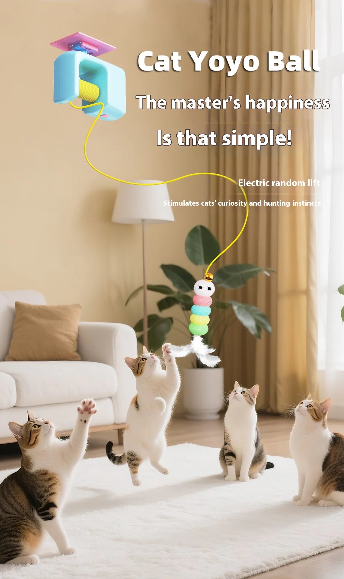 🇫🇷 Jouet suspendu électrique pour chat – Teaser à plume en forme de serpillière avec grelot, ressort et fixation pour jeu interactif 🇬🇧 Electric Hanging Cat Teaser Toy – Mop-Shaped Feather Bell with Spring & Swinging Motion for Kittens