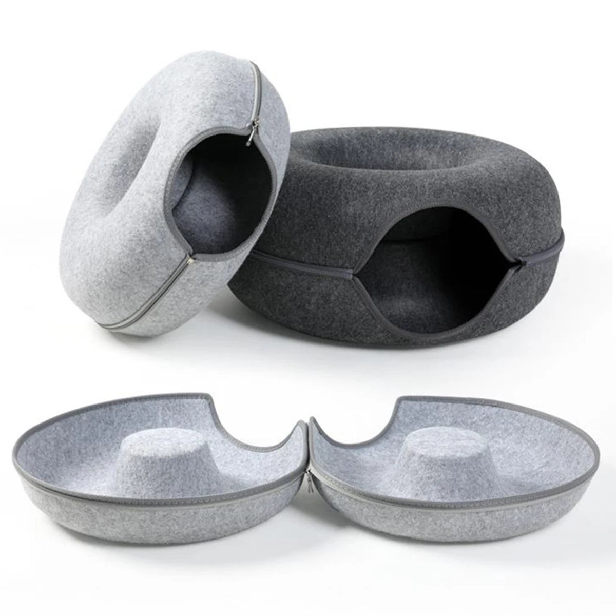 🇫🇷 Lit beignet en feutre pour chat – Maison 2-en-1 avec trou d’aération et tunnel pour jouer et se cacher 🇬🇧 Felt Donut Cat Bed – 2-in-1 House with Breather Hole and Tunnel for Hide & Play