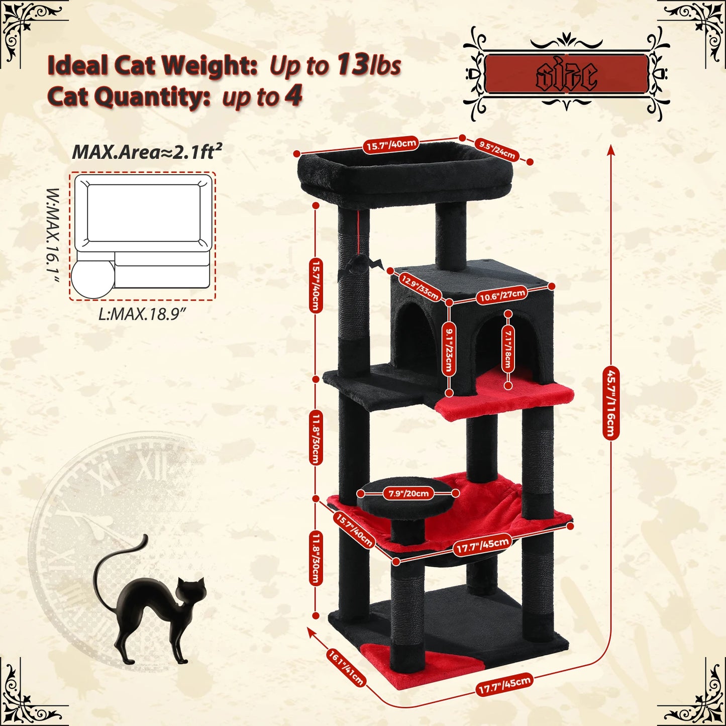 🇫🇷 Arbre à chat gothique – Tour d’intérieur avec grand hamac, condo douillet, perchoir et poteaux à griffer en sisal 🇬🇧 Gothic Cat Tree – Indoor cat tower with large hammock, cozy condo, sisal scratching posts & top perch