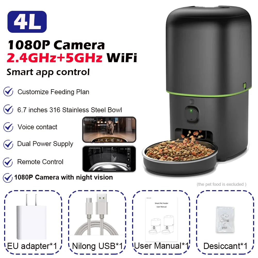 🇫🇷 Distributeur automatique connecté pour chat – Caméra HD, WiFi 2.4G/5G, contrôle via appli Tuya, pour croquettes et alimentation à distance 🇬🇧 Smart Automatic Cat Feeder with Camera – WiFi 2.4G/5G, Tuya App Control, Kibble Dispenser for Cats & Dogs