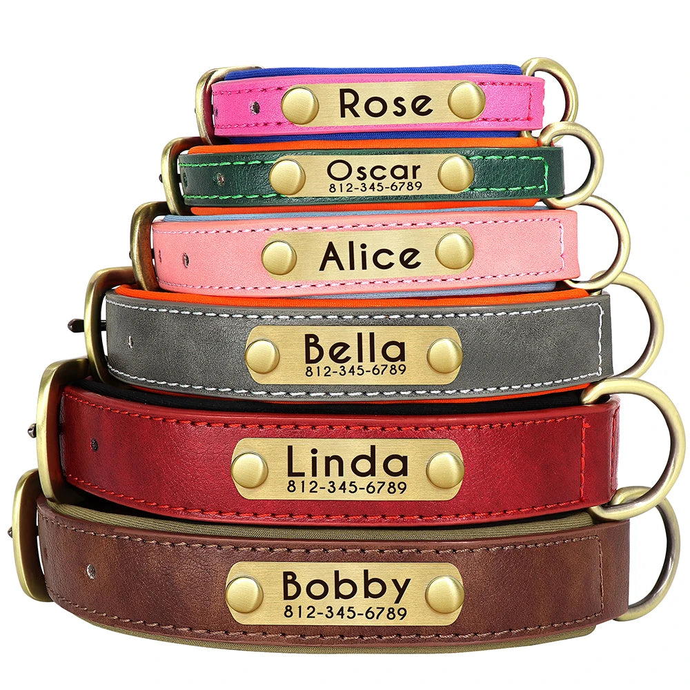 🇫🇷 Collier pour chien en cuir PU personnalisé – Doublure rembourrée, gravure gratuite du nom, réglable pour petits, moyens et grands chiens 🇬🇧 Customized PU Leather Dog Collar – Soft padded, free name engraving, adjustable for small, medium & large dogs