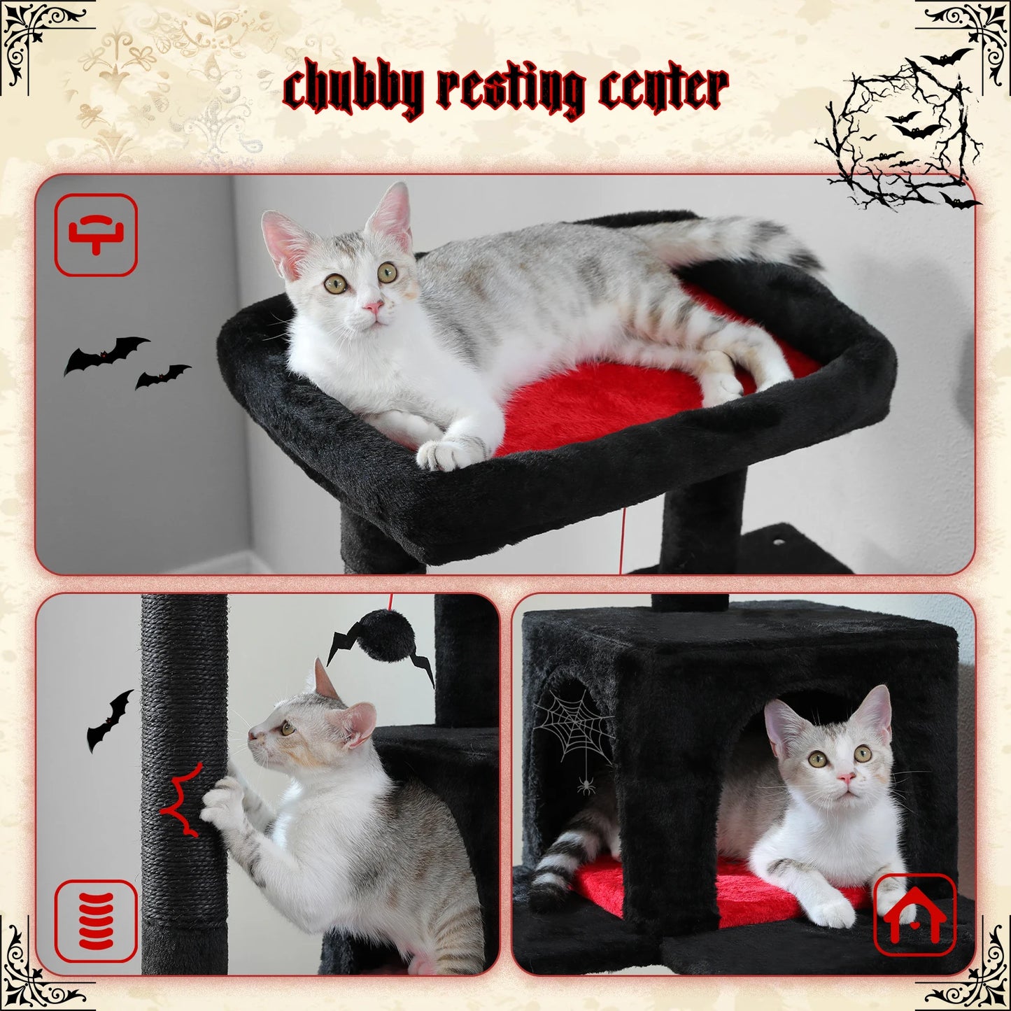 🇫🇷 Arbre à chat gothique – Tour d’intérieur avec grand hamac, condo douillet, perchoir et poteaux à griffer en sisal 🇬🇧 Gothic Cat Tree – Indoor cat tower with large hammock, cozy condo, sisal scratching posts & top perch