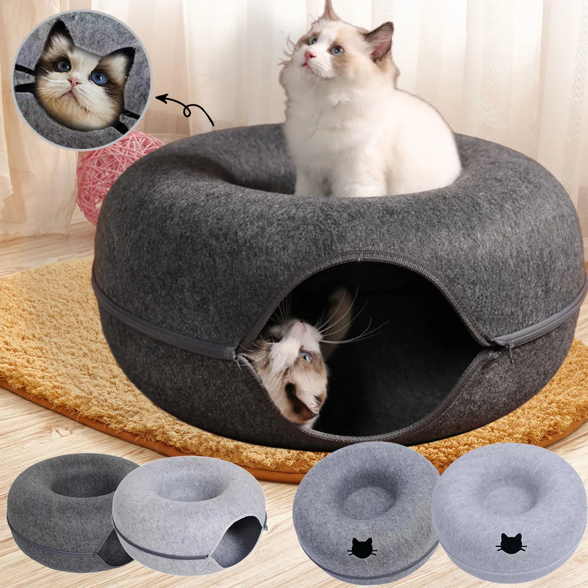 🇫🇷 Lit beignet en feutre pour chat – Maison 2-en-1 avec trou d’aération et tunnel pour jouer et se cacher 🇬🇧 Felt Donut Cat Bed – 2-in-1 House with Breather Hole and Tunnel for Hide & Play