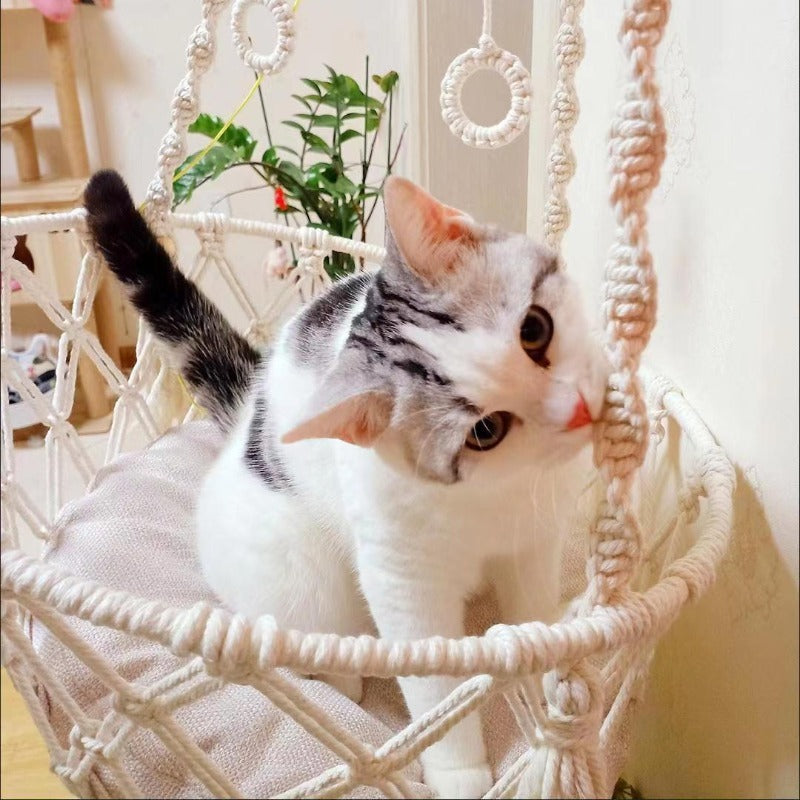 🇫🇷 Hamac suspendu pour chat en corde de coton tressée – Nid douillet bohème à accrocher 🇬🇧 Handwoven Cotton Rope Cat Hammock – Boho Hanging Cozy Nest for Cats