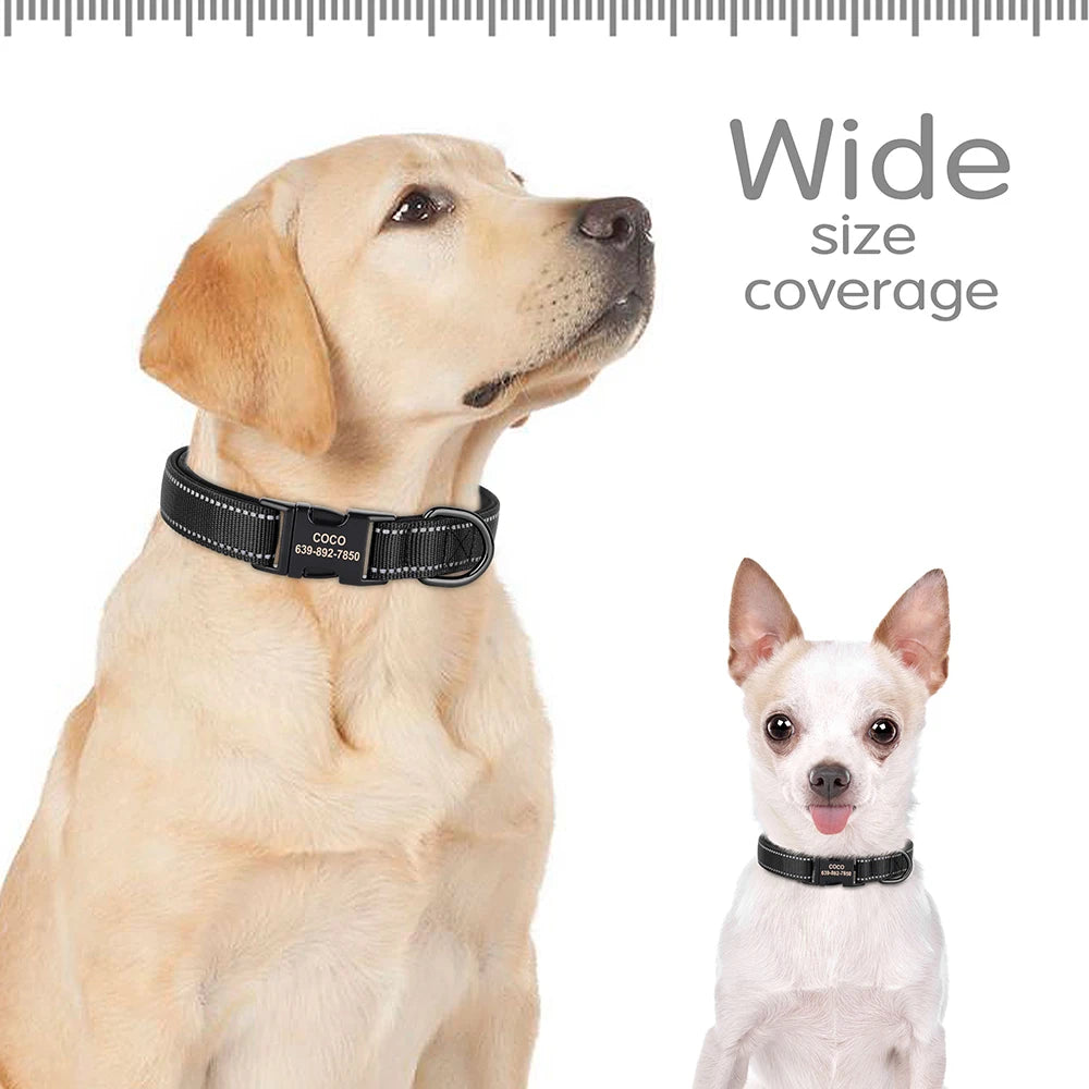 🇫🇷 Collier pour chien réfléchissant et personnalisé – Nylon gravé avec ID, rembourré et réglable pour petits, moyens et grands chiens 🇬🇧 Reflective Personalized Dog Collar – Engraved ID Nylon, Soft Padded & Adjustable for Small, Medium & Large Dogs
