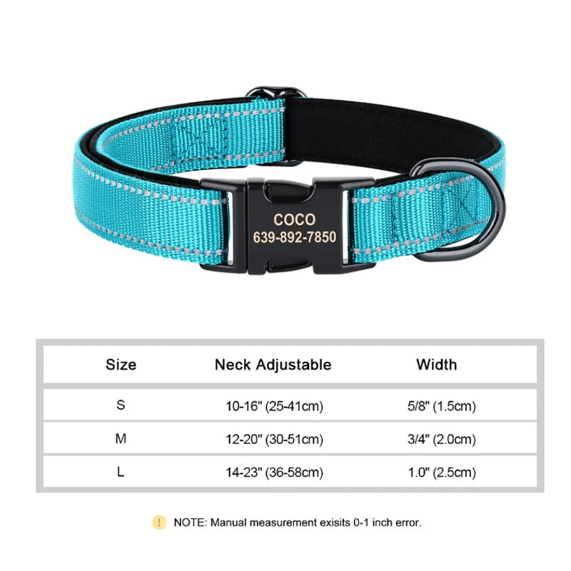 🇫🇷 Collier pour chien réfléchissant et personnalisé – Nylon gravé avec ID, rembourré et réglable pour petits, moyens et grands chiens 🇬🇧 Reflective Personalized Dog Collar – Engraved ID Nylon, Soft Padded & Adjustable for Small, Medium & Large Dogs