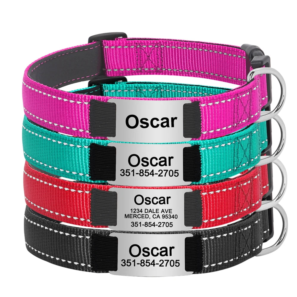 🇫🇷 Collier pour chien réfléchissant et personnalisé – Nylon gravé avec ID, rembourré et réglable pour petits, moyens et grands chiens 🇬🇧 Reflective Personalized Dog Collar – Engraved ID Nylon, Soft Padded & Adjustable for Small, Medium & Large Dogs