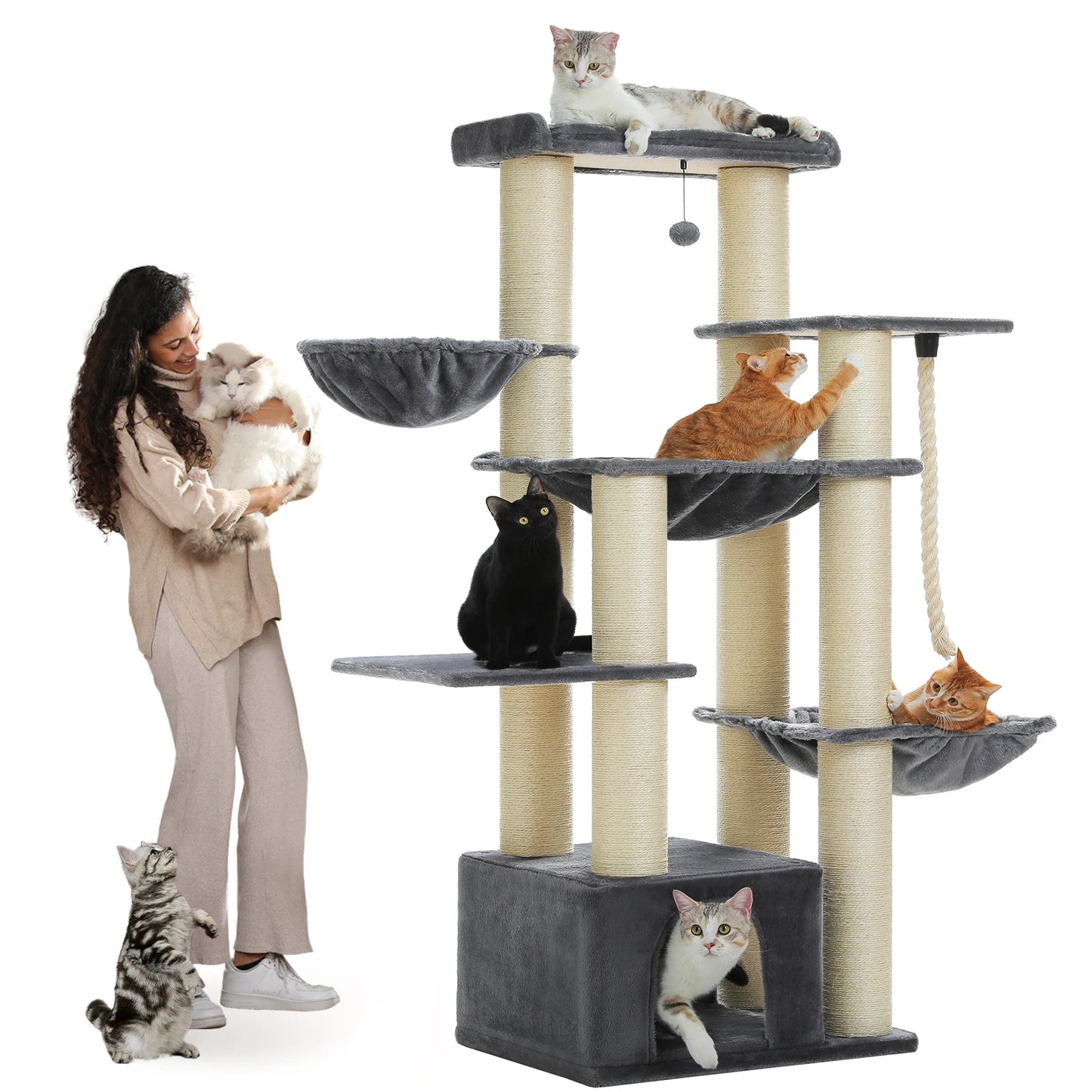 🇫🇷 Français : Grand arbre à chat pour grands chats – Tour robuste avec plusieurs niveaux, maison, hamac et 11 poteaux en sisal 🇬🇧 English : Big Cat Tree for Large Cats – Sturdy Tower with Multiple Levels, House, Hammock & 11 Sisal Posts