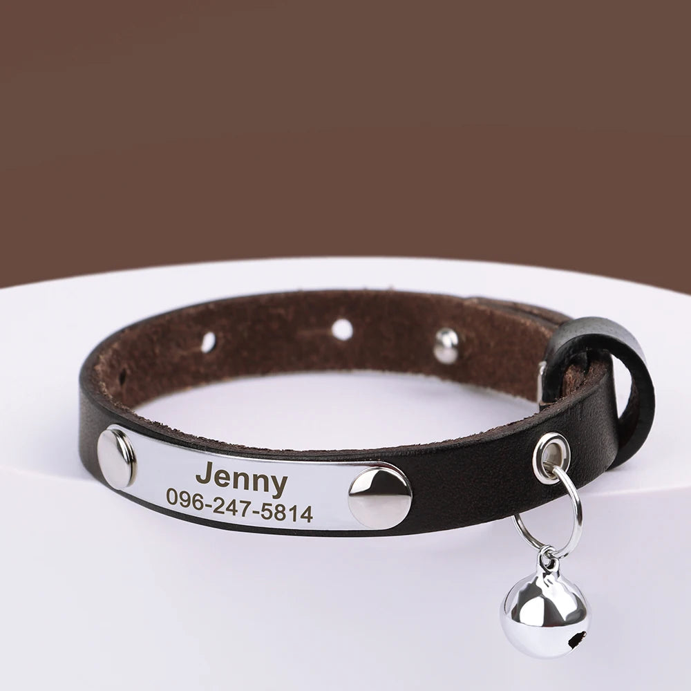 🇫🇷 Collier pour chat en cuir réglable – Personnalisé avec nom gravé, anti-perte, pour chatons et petits chiens 🇬🇧 Personalized Leather Cat Collar – Adjustable, engraved name, anti-lost, for kittens & small dogs