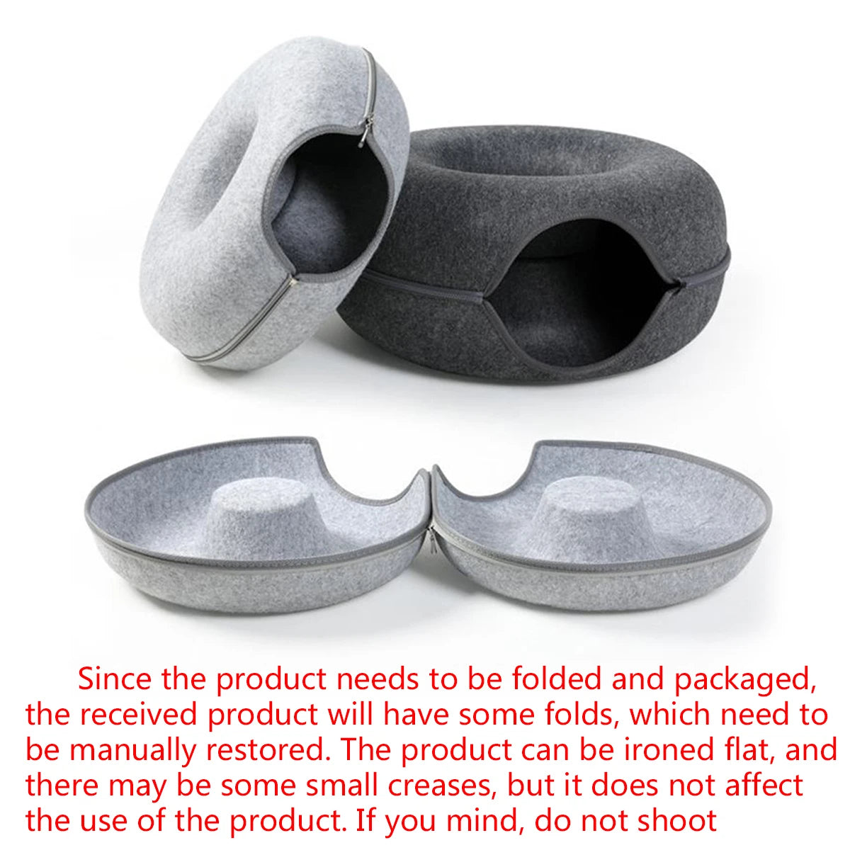 🇫🇷 Lit beignet en feutre pour chat – Maison 2-en-1 avec trou d’aération et tunnel pour jouer et se cacher 🇬🇧 Felt Donut Cat Bed – 2-in-1 House with Breather Hole and Tunnel for Hide & Play
