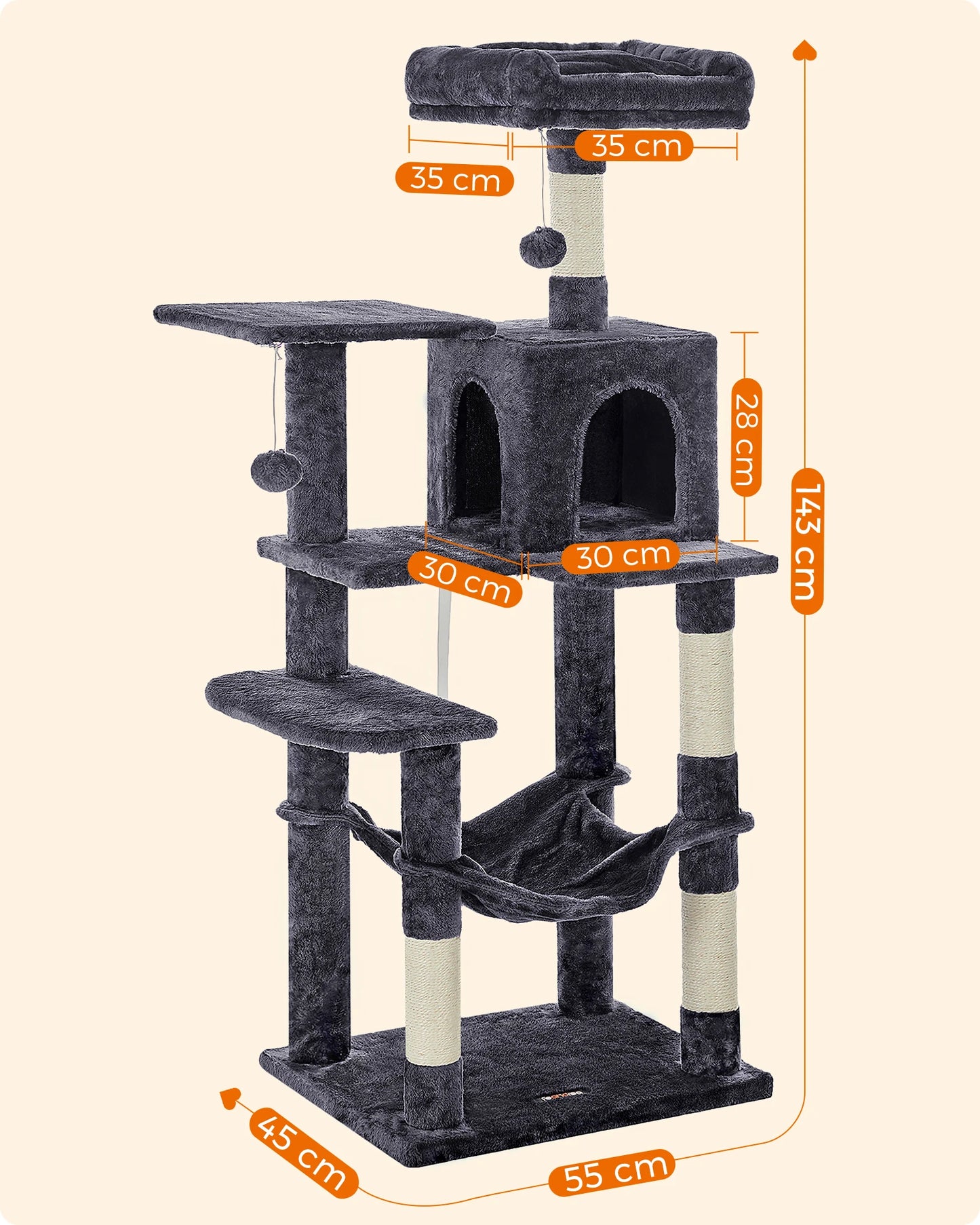 🇫🇷 Arbre à chat Feandrea 143 cm – Tour d’intérieur multi-niveaux avec 4 poteaux à griffer, 2 plateformes et niche en peluche 🇬🇧 Feandrea Cat Tree 143 cm – Multi-Level Indoor Cat Tower with 4 Scratching Posts, 2 Perches & Plush Condo Cave