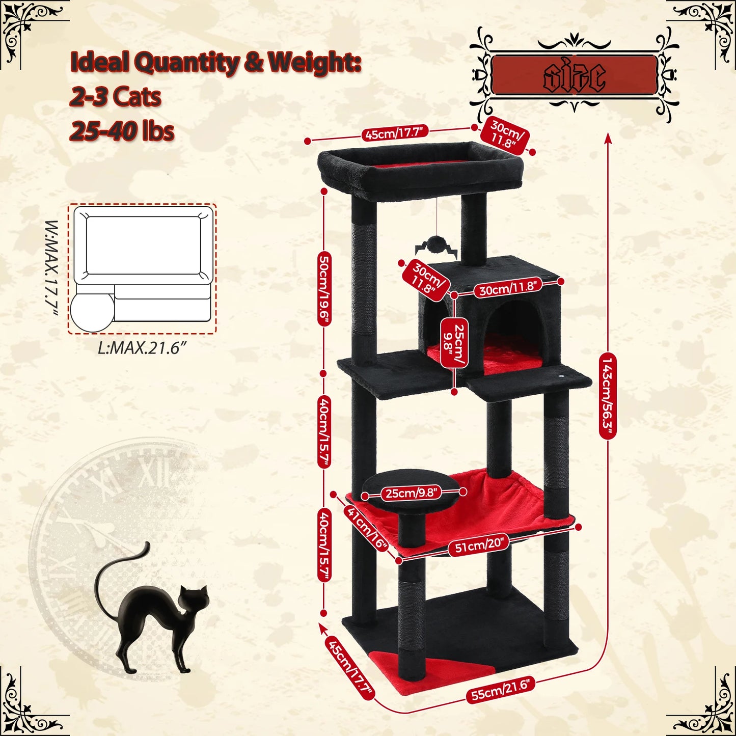 🇫🇷 Arbre à chat gothique – Tour d’intérieur avec grand hamac, condo douillet, perchoir et poteaux à griffer en sisal  🇬🇧 Gothic Cat Tree – Indoor cat tower with large hammock, cozy condo, sisal scratching posts & top perch