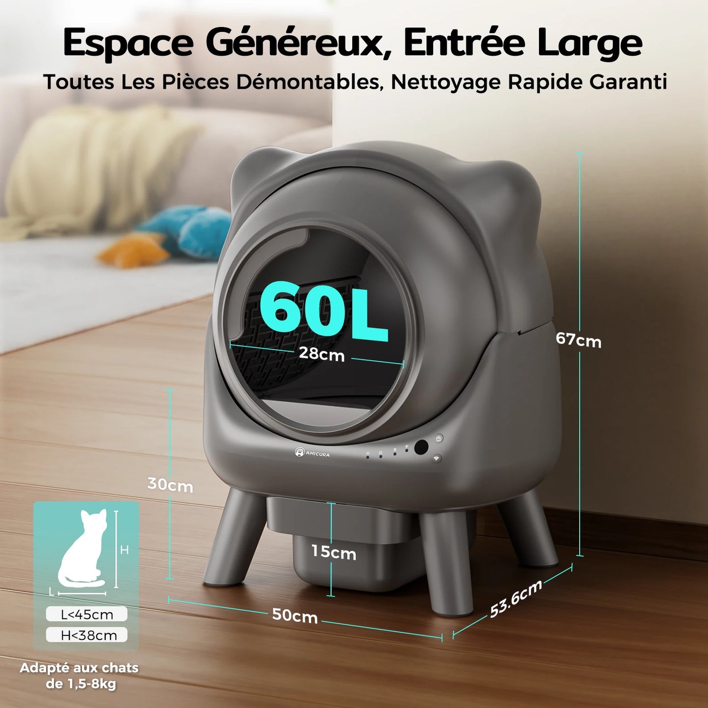 🇫🇷 Amicura Cura X1 – Litière automatique pour chat avec application, capteurs de sécurité et bac facile à nettoyer. 🇬🇧 Amicura Cura X1 – Automatic cat litter box with app control, safety sensors & easy-clean tray.