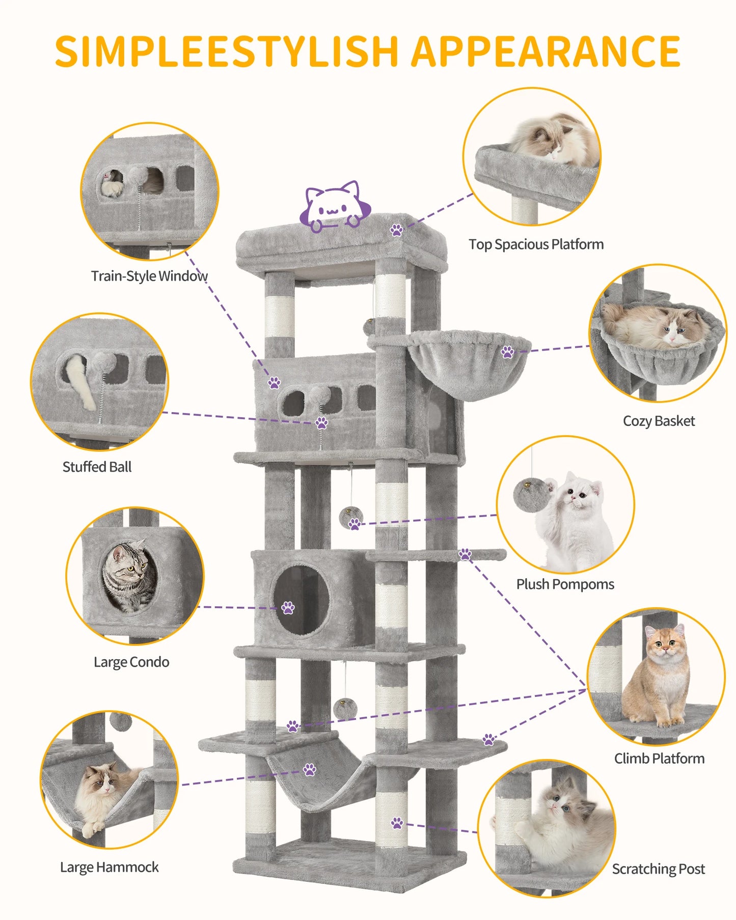 🇫🇷 Hzuaneri – Arbre à chat 170 cm : tour multi-niveaux avec griffoirs, grande plateforme & tapis lavable. 🇬🇧 Hzuaneri – 170 cm Cat Tree: multi-level scratching post with big perch & washable mat.