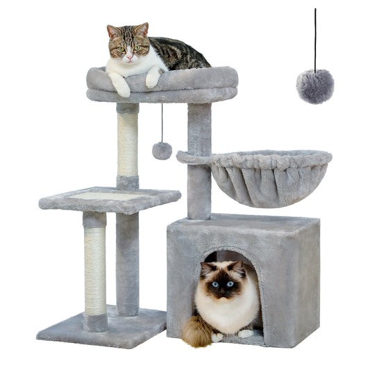 🇫🇷 Arbre à chat intérieur – Tour d’activités avec hamac, griffoirs et plateforme amovible, 2 styles disponibles, coloris gris 🇬🇧 Indoor Cat Tree – Activity Tower with Scratching Posts, Large Hammock & Removable Top Perch, 2 Styles, Grey