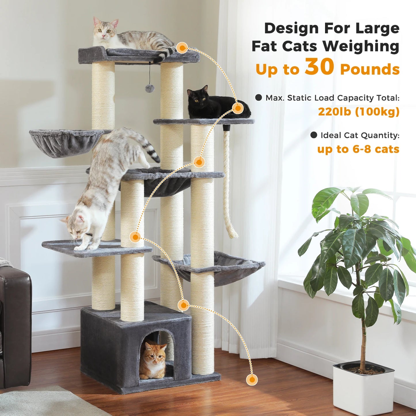 🇫🇷 Français : Grand arbre à chat pour grands chats – Tour robuste avec plusieurs niveaux, maison, hamac et 11 poteaux en sisal  🇬🇧 English : Big Cat Tree for Large Cats – Sturdy Tower with Multiple Levels, House, Hammock & 11 Sisal Posts