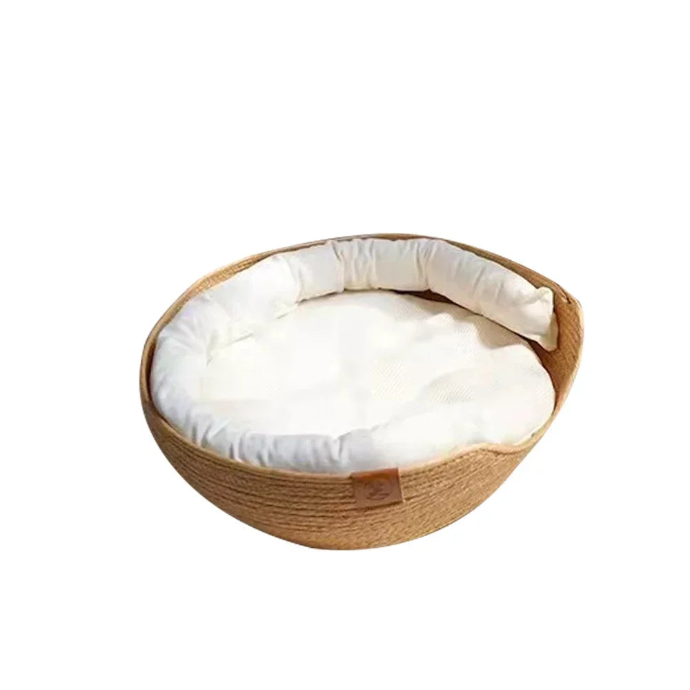🇫🇷 Panier rond d’été en paille tressée pour chien et chat – Amovible, confortable, idéal pour un sommeil profond. 🇬🇧 Summer round straw woven bed for dogs & cats – Detachable, cozy, perfect for deep sleep.