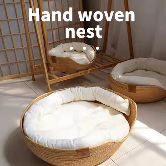 🇫🇷 Panier rond d’été en paille tressée pour chien et chat – Amovible, confortable, idéal pour un sommeil profond. 🇬🇧 Summer round straw woven bed for dogs & cats – Detachable, cozy, perfect for deep sleep.