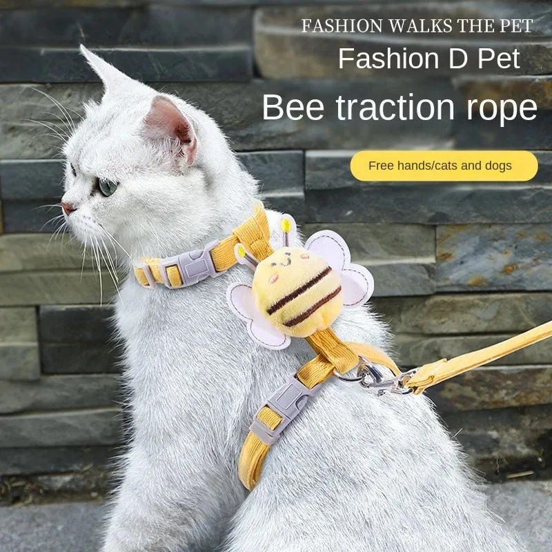 🇫🇷 Harnais + laisse + collier pour chat – Ensemble réglable motif abeille, double épaisseur, idéal pour chiens/chats de petite à moyenne taille 🇬🇧 Cat Harness Leash Collar Set – Adjustable Bee Design, Double Layer for Small & Medium Pets, Outdoor Walking