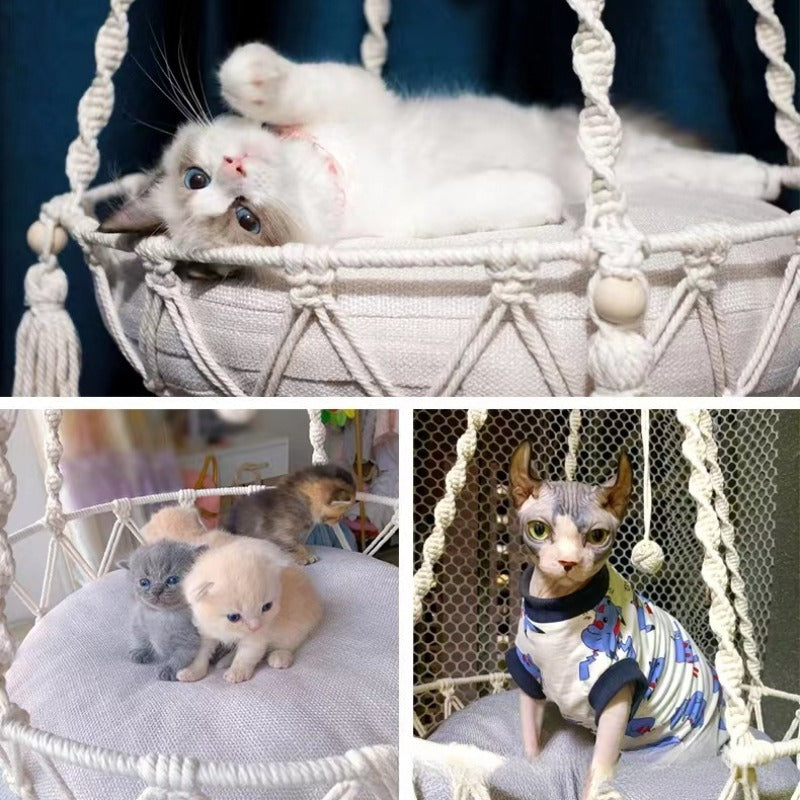 🇫🇷 Hamac suspendu pour chat en corde de coton tressée – Nid douillet bohème à accrocher 🇬🇧 Handwoven Cotton Rope Cat Hammock – Boho Hanging Cozy Nest for Cats