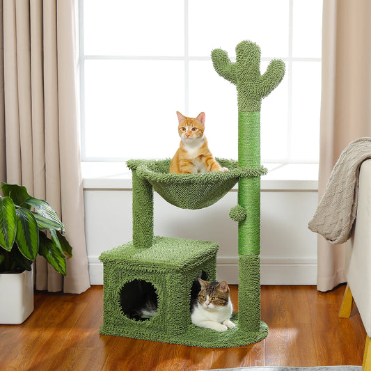 🇫🇷 Arbre à chat cactus – Avec grande niche, hamac, balle suspendue et poteaux à griffer, idéal pour chats d’intérieur  🇬🇧 Cactus Cat Tree – Large condo, hammock, dangling ball & scratching posts for indoor cats