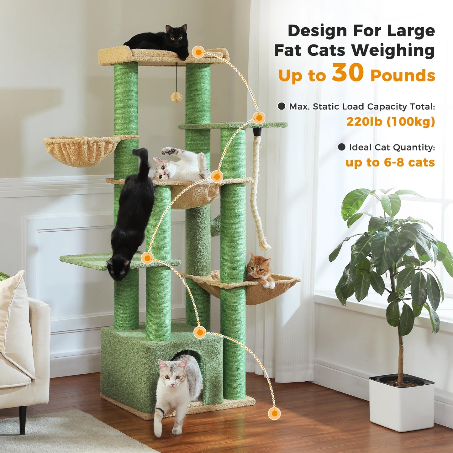 🇫🇷 Français : Grand arbre à chat pour grands chats – Tour robuste avec plusieurs niveaux, maison, hamac et 11 poteaux en sisal  🇬🇧 English : Big Cat Tree for Large Cats – Sturdy Tower with Multiple Levels, House, Hammock & 11 Sisal Posts