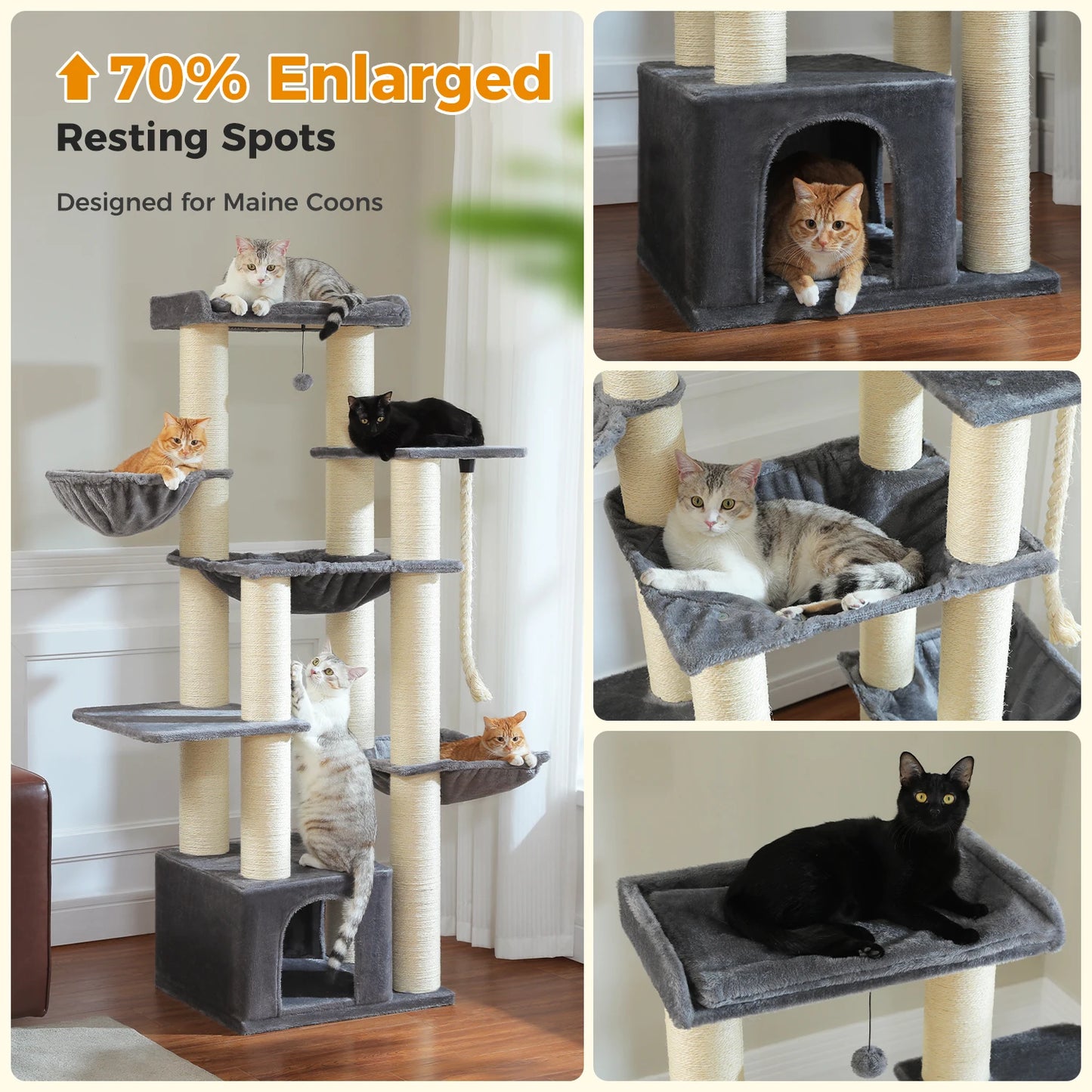 🇫🇷 Français : Grand arbre à chat pour grands chats – Tour robuste avec plusieurs niveaux, maison, hamac et 11 poteaux en sisal  🇬🇧 English : Big Cat Tree for Large Cats – Sturdy Tower with Multiple Levels, House, Hammock & 11 Sisal Posts