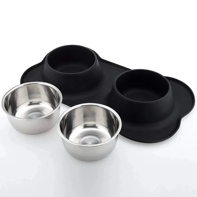 🇫🇷 Gamelle double antidérapante avec tapis en silicone – Bols en acier inoxydable pour l’eau et la nourriture de vos chiens & chats | 🇬🇧 Antislip Double Dog Bowl with Silicone Mat – Durable Stainless Steel Food & Water Feeder for Dogs & Cats