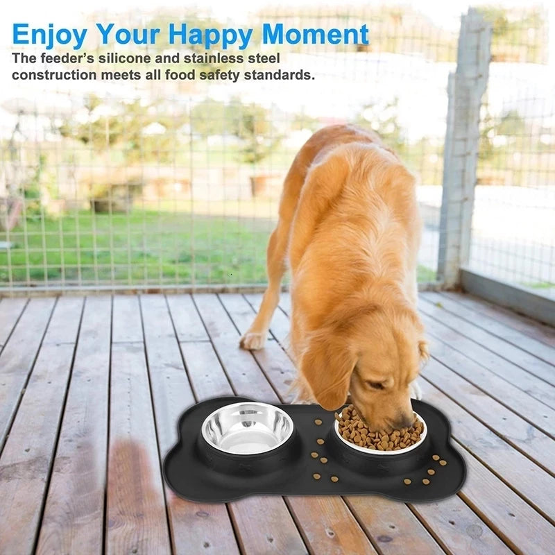 🇫🇷 Gamelle double antidérapante avec tapis en silicone – Bols en acier inoxydable pour l’eau et la nourriture de vos chiens & chats | 🇬🇧 Antislip Double Dog Bowl with Silicone Mat – Durable Stainless Steel Food & Water Feeder for Dogs & Cats