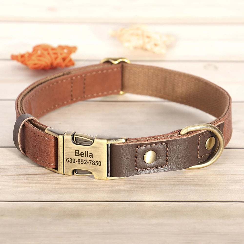🇫🇷 Collier & laisse personnalisés en cuir PU, médaille gravée offerte. Pour petits & grands chiens (ex : carlin, labrador). 🇬🇧 PU leather custom collar & leash with free engraved tag. For small & large dogs (e.g. pug, labrador).