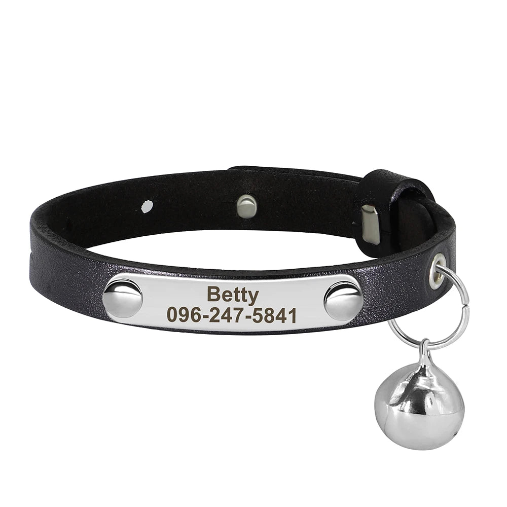 🇫🇷 Collier pour chat en cuir réglable – Personnalisé avec nom gravé, anti-perte, pour chatons et petits chiens  🇬🇧 Personalized Leather Cat Collar – Adjustable, engraved name, anti-lost, for kittens & small dogs