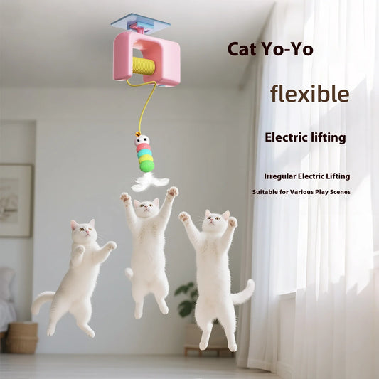 🇫🇷 Jouet suspendu électrique pour chat – Teaser à plume en forme de serpillière avec grelot, ressort et fixation pour jeu interactif 🇬🇧 Electric Hanging Cat Teaser Toy – Mop-Shaped Feather Bell with Spring & Swinging Motion for Kittens