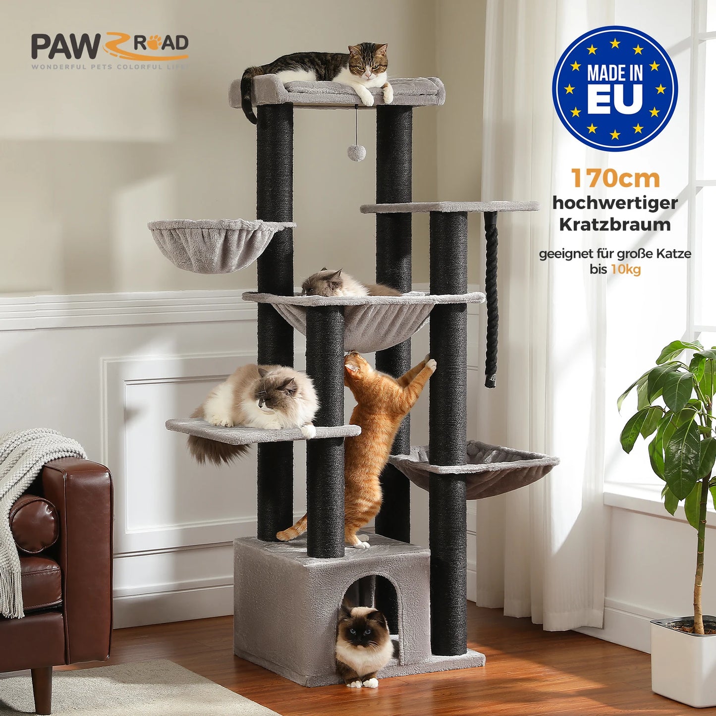 🇫🇷 Français : Grand arbre à chat pour grands chats – Tour robuste avec plusieurs niveaux, maison, hamac et 11 poteaux en sisal  🇬🇧 English : Big Cat Tree for Large Cats – Sturdy Tower with Multiple Levels, House, Hammock & 11 Sisal Posts