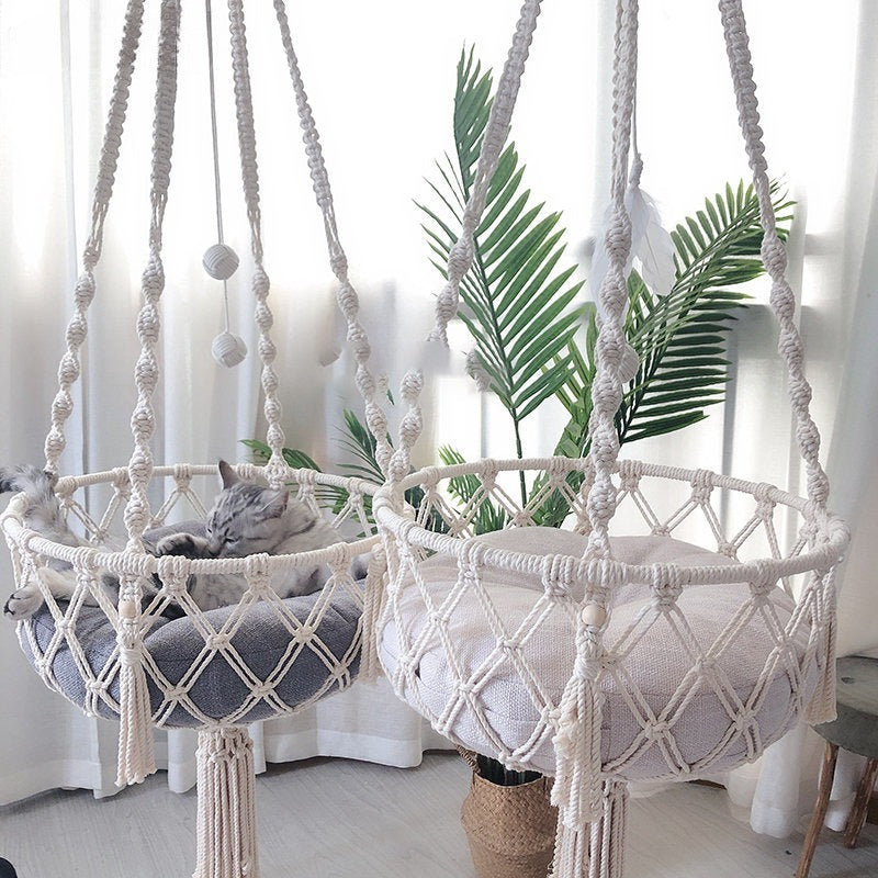 🇫🇷 Hamac suspendu pour chat en corde de coton tressée – Nid douillet bohème à accrocher 🇬🇧 Handwoven Cotton Rope Cat Hammock – Boho Hanging Cozy Nest for Cats