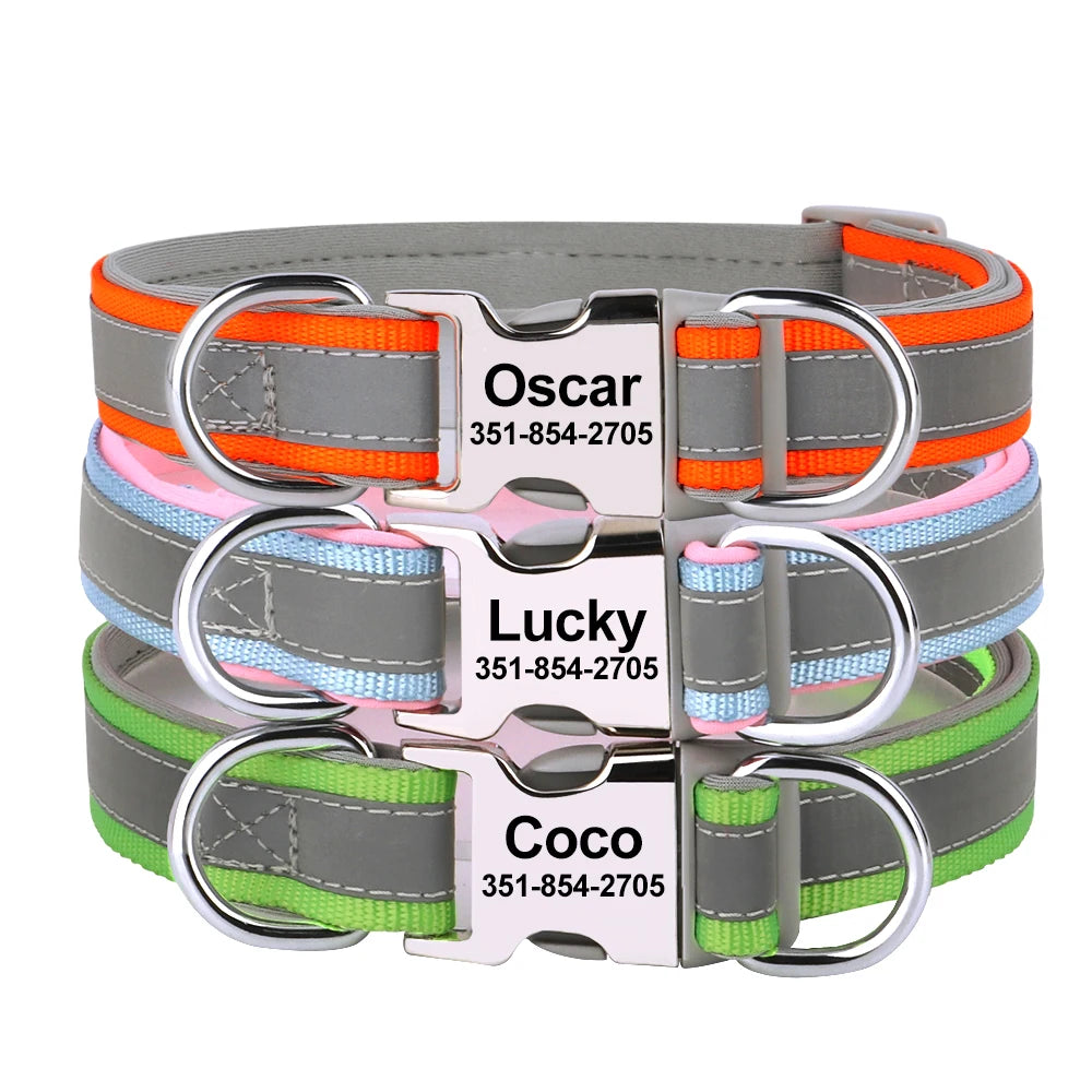 🇫🇷 Collier pour chien réfléchissant et personnalisé – Nylon gravé avec ID, rembourré et réglable pour petits, moyens et grands chiens  🇬🇧 Reflective Personalized Dog Collar – Engraved ID Nylon, Soft Padded & Adjustable for Small, Medium & Large Dogs